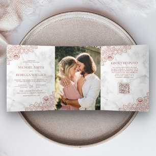 Weiße Marmor-Roségold-Spitze Foto QR-Code Hochzeit Dreifach Gefaltete Einladung