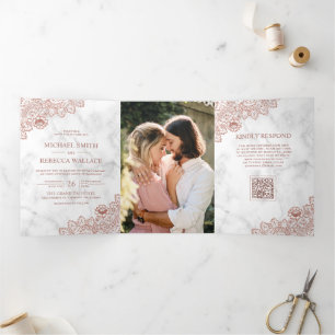 Weiße Marmor-Roségold-Spitze Foto QR-Code Hochzeit Dreifach Gefaltete Einladung