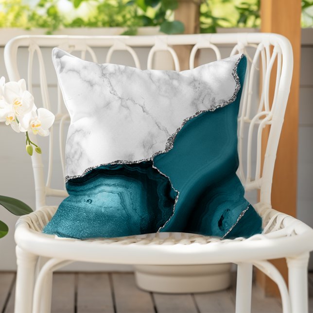 Weiße Marmor Teal Achat Silber Kissen (Von Creator hochgeladen)