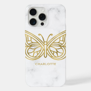Weiße Marmor- und Gold-Geometrie-Schmetterling iPhone 15 Pro Max Hülle