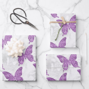 Weiße Marmor- und violette Glitter-Schmetterlinge Geschenkpapier Set