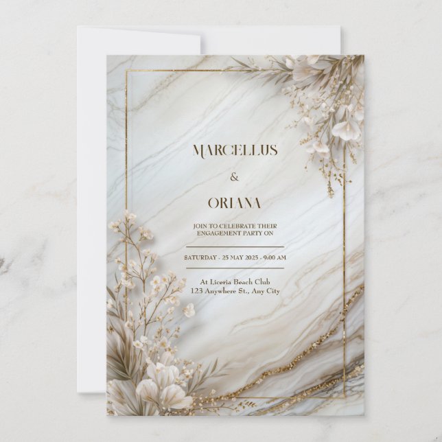 Weiße Marmor Vergoldete Botanische Hochzeit Einladung (Vorderseite)