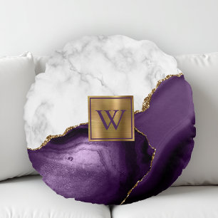 Weiße Marmor-Vergoldete Lila-Achat-Monogramm Rundes Kissen