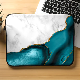 Weiße Marmor vergoldete Teal Blaue Achat Laptopschutzhülle