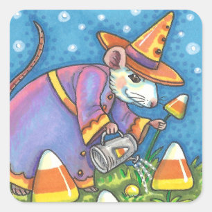 WEISSE MAUS IN CANDY CORN GARDEN, FARBFARBIG UND N QUADRATISCHER AUFKLEBER