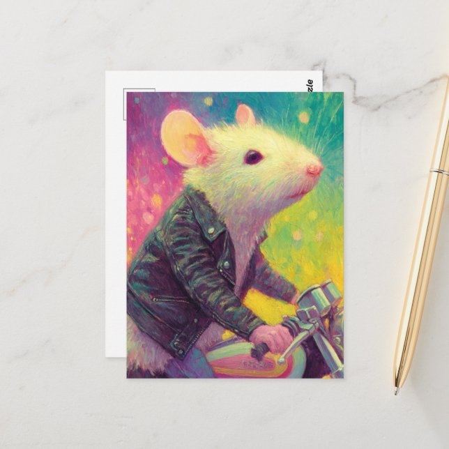 Weiße Maus in schwarzer Lederjacke Postkarte (Vorderseite/Rückseite Beispiel)