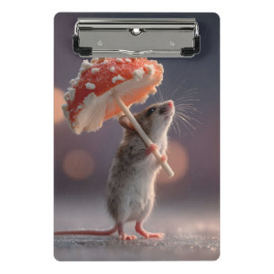 Weiße Maus mit einem Pilz als Schirm Mini Klemmbrett