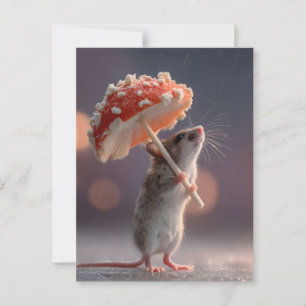 Weiße Maus mit einem Pilz als Schirm Postkarte