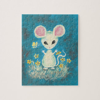 Weiße Maus mit gelben Blumen u. Schmetterling Puzzle