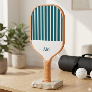 Weiße & Meergrüne Streifen Country Club Monogramm Pickleball Schläger
