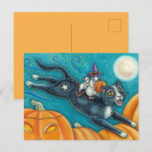 WEISSE MICK & SCHWARZE KATZE AUF HALLOWEEN SCAVENG POSTKARTE (Vorne/Hinten)