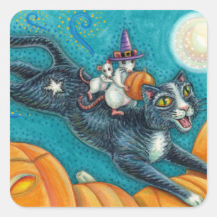 WEISSE MICK & SCHWARZE KATZE AUF HALLOWEEN SCAVENG QUADRATISCHER AUFKLEBER