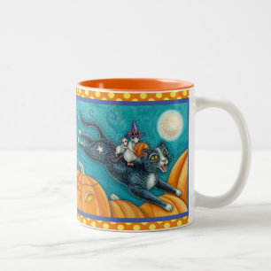 WEISSE MICK & SCHWARZE KATZE AUF HALLOWEEN SCAVENG ZWEIFARBIGE TASSE