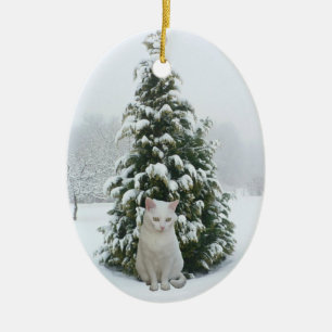 Weiße Miezekatze-Weihnachtsverzierung Keramikornament