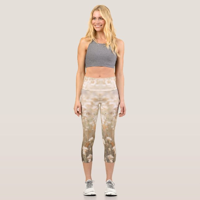 Weiße Minimalistische Blume Capri Leggings (Vorderseite)