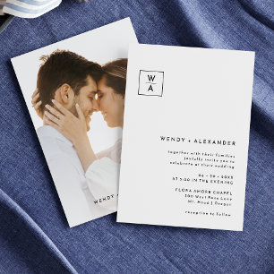 Weiße moderne kühne Monogramm-Wappen-Foto-Hochzeit Einladung