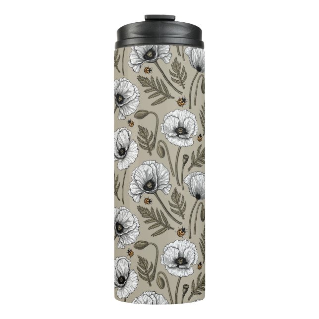 Weiße Mohnblüten und Ladybugs Thermosbecher (Vorderseite)