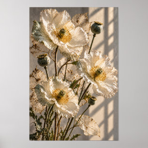Weiße Mohnblüten und Samenkapseln Botanische Wand Poster