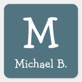 Weiße Monogramm und Name auf dem blauen, abgerunde Quadratischer Aufkleber