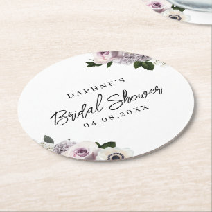 Weiße Moody-Anemone und lila Blumen-Brautstrauß-Sh Runder Pappuntersetzer