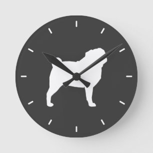 Weiße Mops-Silhouette Runde Wanduhr