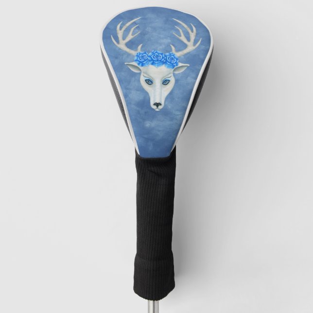 Weiße mystische Hirschhaut-Rose Antler auf blau Golf Headcover (Vorderseite)