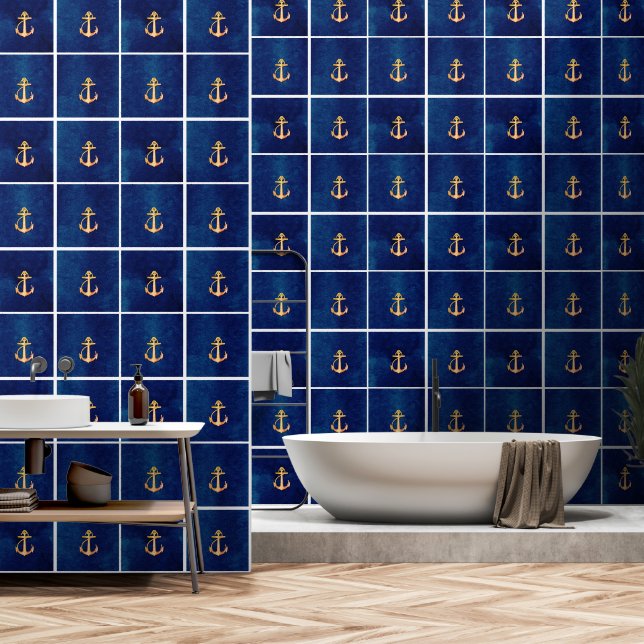 Weiße Navy Blau mit gelbem Boot Anker Imitate Tile Tapete (Badezimmer)