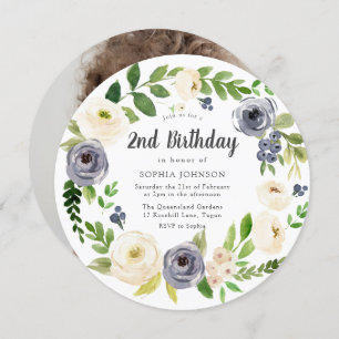 Weiße Navy Blumenwerfe Foto 2. Geburtstag Party Einladung