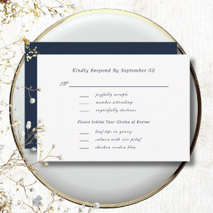 Weiße Navy Schrift Menüauswahl Hochzeit RSVP 