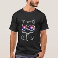 Weiße Nerd-Katze mit galaktischen Gläsern und Buch