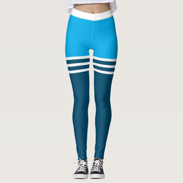 Weiße Oberschenkelstreifen auf BLAU Leggings (Vorderseite)