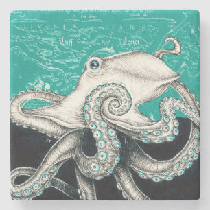Weiße Octopus-Aquamarine Vintage Karte Steinuntersetzer