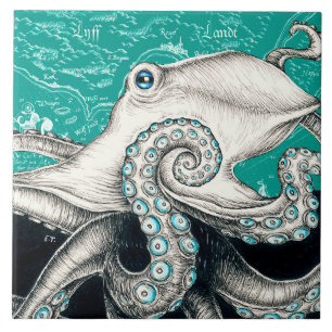 Weiße Octopus Vintage Karte Aquamarin Fliese