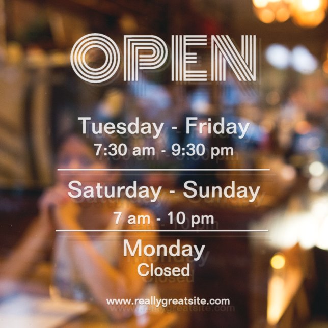 Weiße Öffnungszeiten - transparenter Hintergrund Fensteraufkleber (Von Creator hochgeladen)