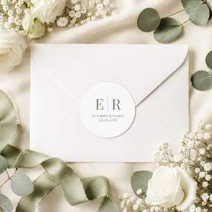 Weiße & Olivfarbene Minimalistische Monogramm-Hoch Runder Aufkleber