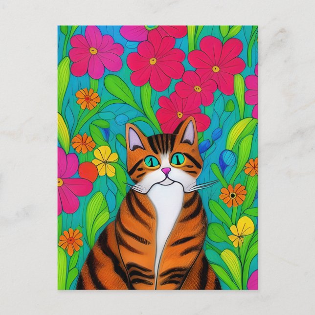 Weiße, orangefarbene Katze mit rosa Blume Postkarte (Vorderseite)