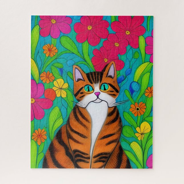 Weiße, orangefarbene Katze mit rosa Blume Puzzle (Vertikal)