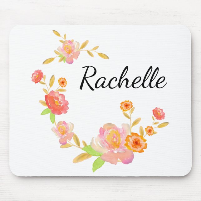 Weiße orangefarbene und rosa florale Monogramm Nam Mousepad (Vorne)