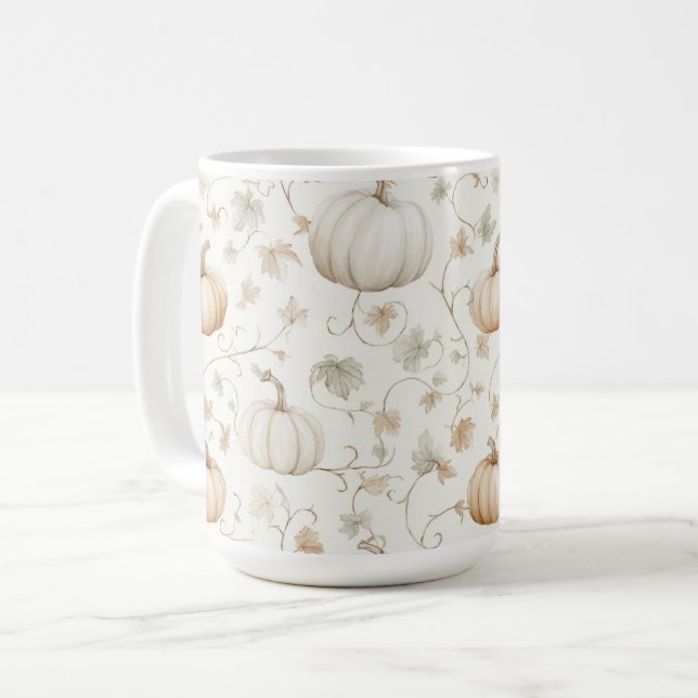 Weiße Orangen Kürbisse Blätter Kaffeetasse (Vorderseite Links)