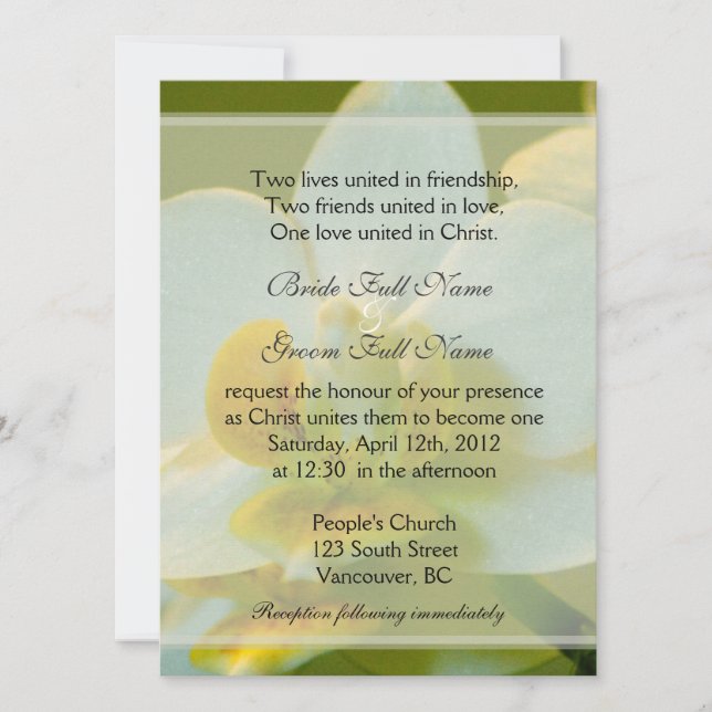 Weiße orchide Blume in grüner Christlicher Hochzei Einladung (Vorderseite)