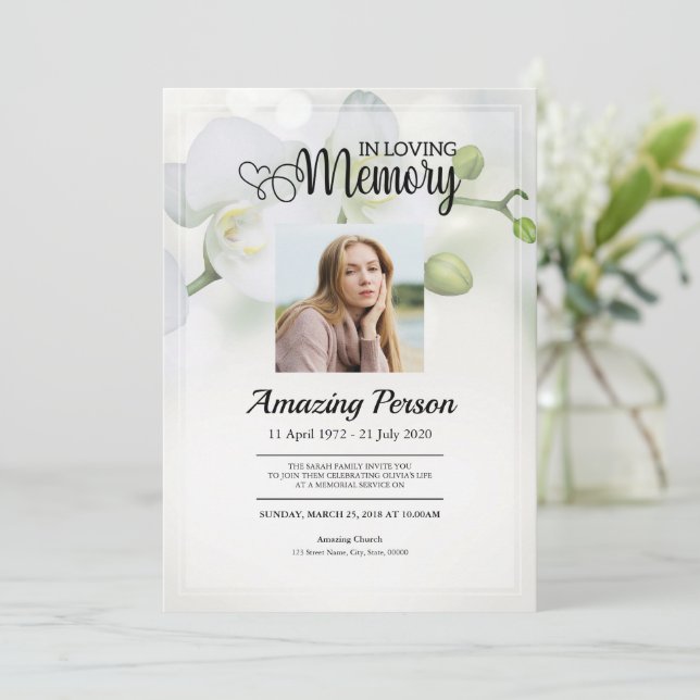 Weiße Orchidee Beerdigung Reihenfolge des Dienstes Einladung (Stehend Vorderseite)