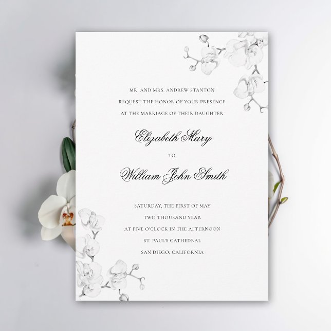 Weiße Orchidee Feine Bilderbuchwelt Einladung (white orchid wedding invitation elegant floral white exotic formal traditional fine art sketch frame)
