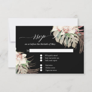 Weiße Orchidee Tropischer Blatt Erröten Schwarze B RSVP Karte