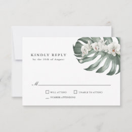 Weiße Orchideen auf dem Monstera Tropical Wedding  RSVP Karte
