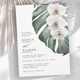 Weiße Orchideen auf Monstera Tropische Hochzeit Einladung