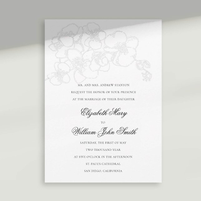 Weiße Orchideen-Imitate besticht durch formale Ele Einladung (orchid wedding invitation faux embossed white black formal traditional elegant modern classic)