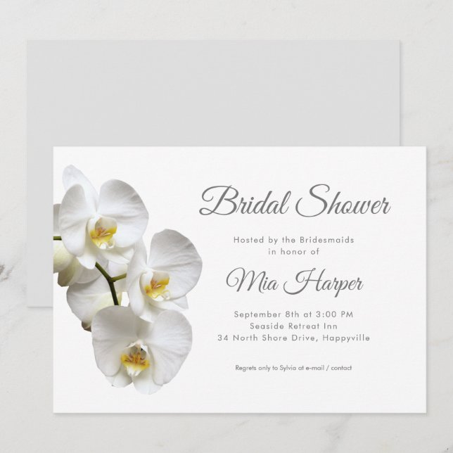 Weiße Orchideen Silver Gray Custom Brautparty Einladung (Vorne/Hinten)