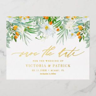 Weiße Orchideen und Kumquats Floral Save-the-Date- Folie Einladungspostkarte