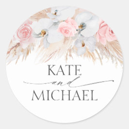 Weiße Orchideen und Pampas-Gras-Pink-Hochzeit Runder Aufkleber