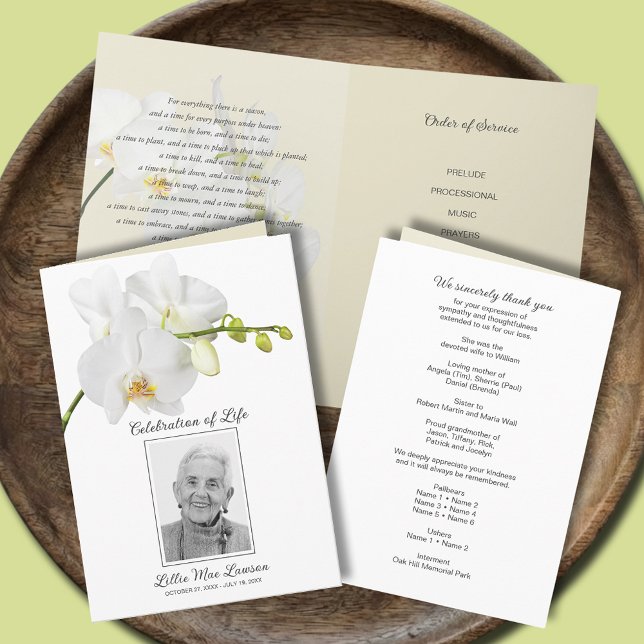 Weiße Orchideenbeerdigung zum Foto des Lebens Programm (White orchid funeral Celebration of Life photo program, 5" x 7" folded size)